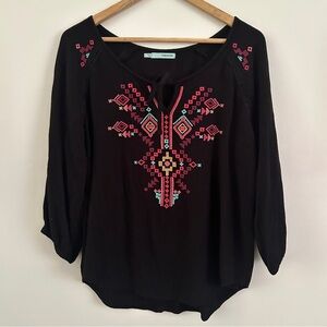 Maurices Black and Pink Embroidered 3/4 Sleeve Blouse